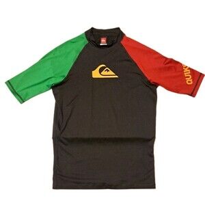 Quiksilver Men’s XL Rashguard Stretch Fitted Short Sleeve Black Green Red Logo